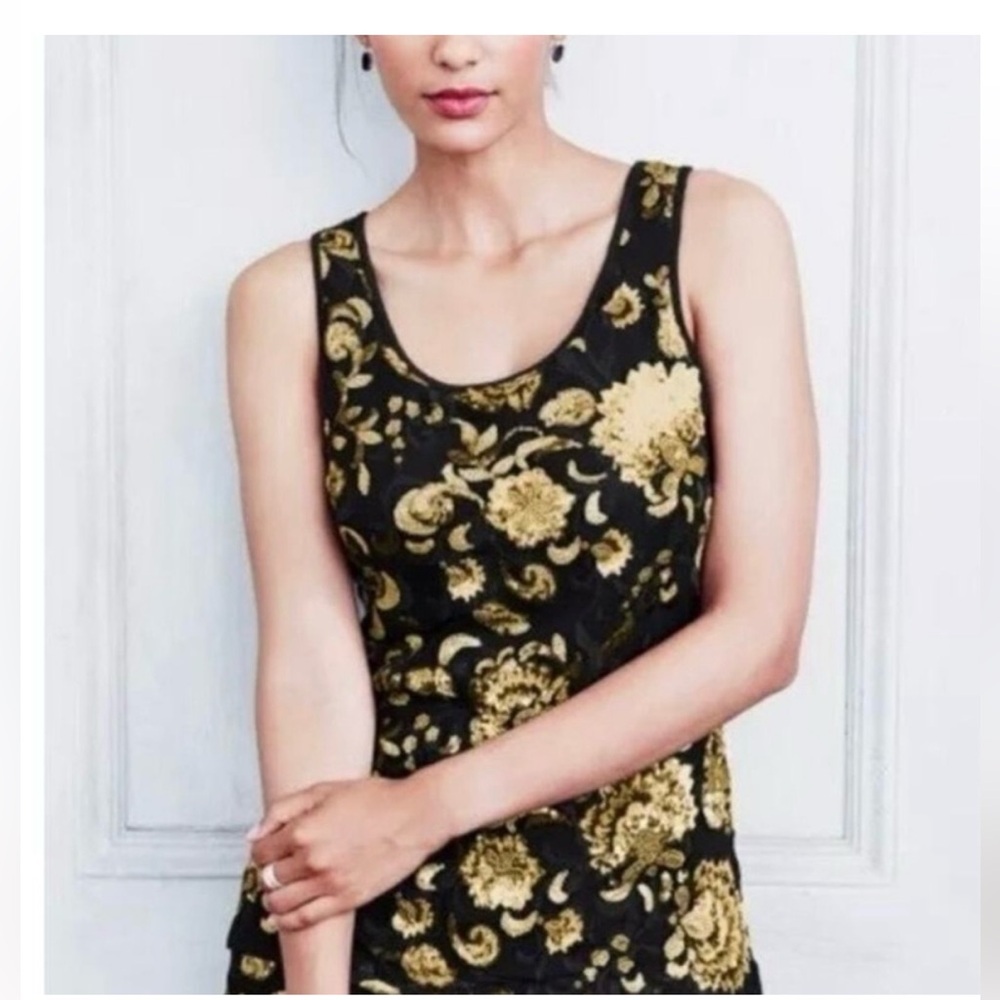 Garnet Hill Embellished Mesh Sequin Embroidered Layered Tank Top Black Gold S